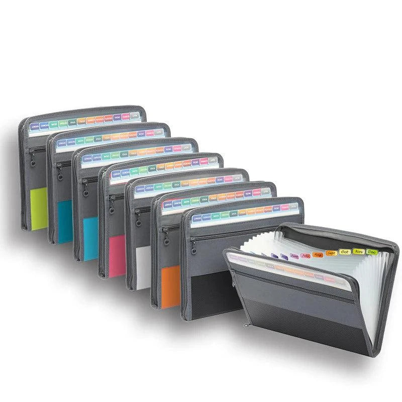 Accordion file organizer with 13 expandable pockets and front zipper pouch for efficient document storage.
